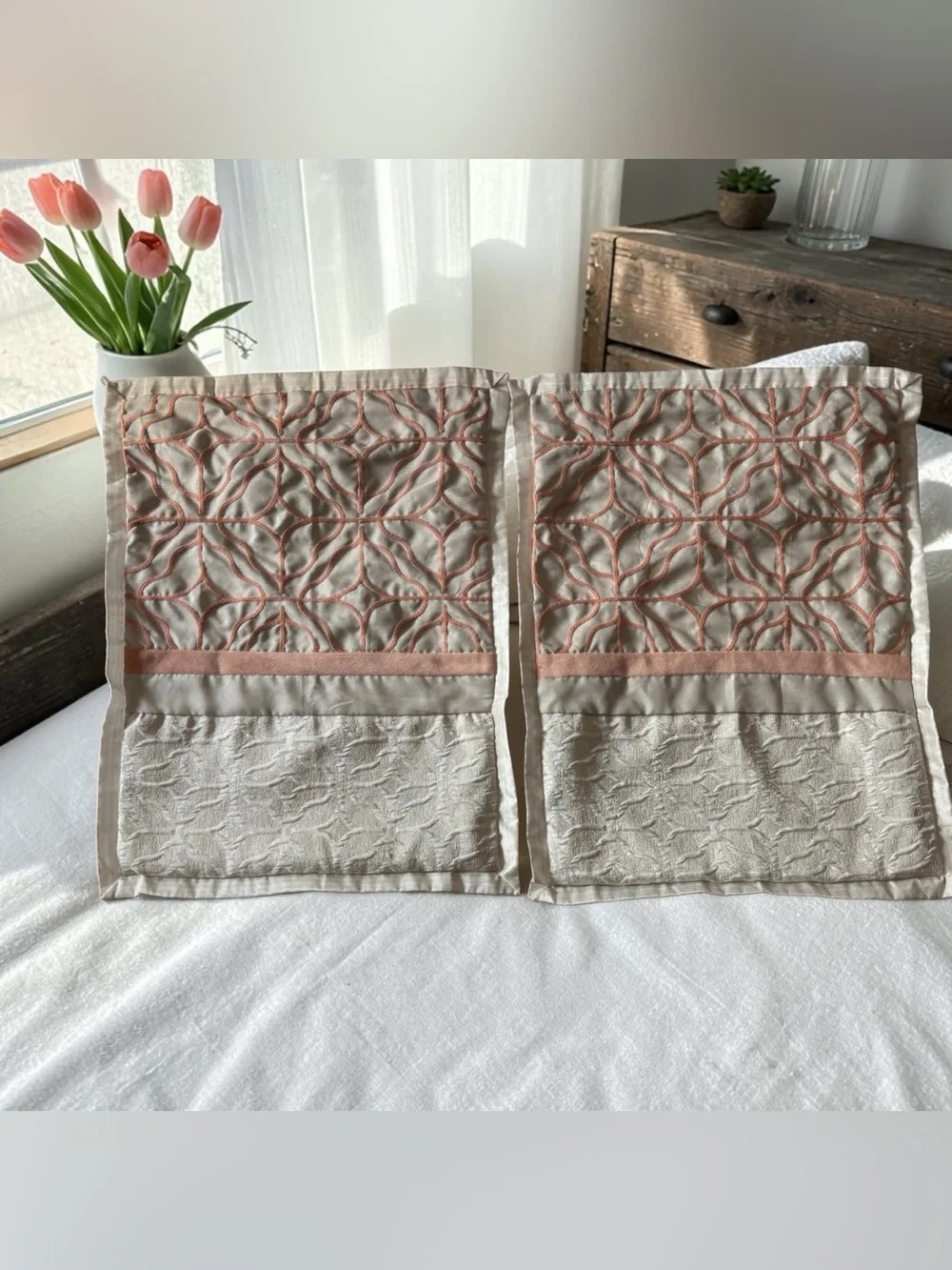 2 JC Penny Home Multi Texture Pillow Shams Standard Quilted Coral Peach Cream